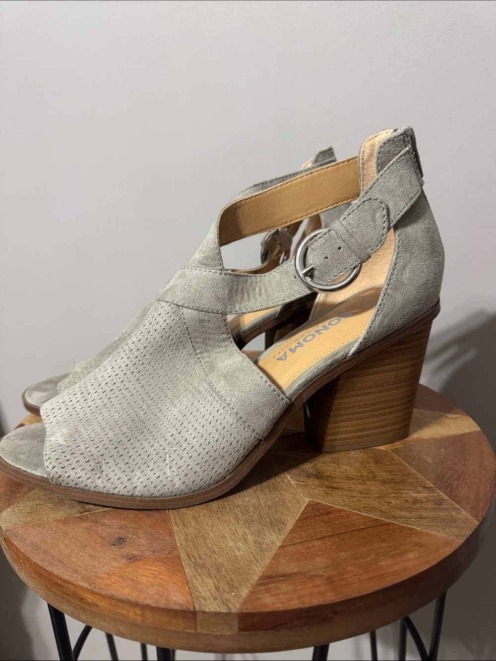 Sonoma Light Gray Suede Peep-Toe Block Heel Sandals